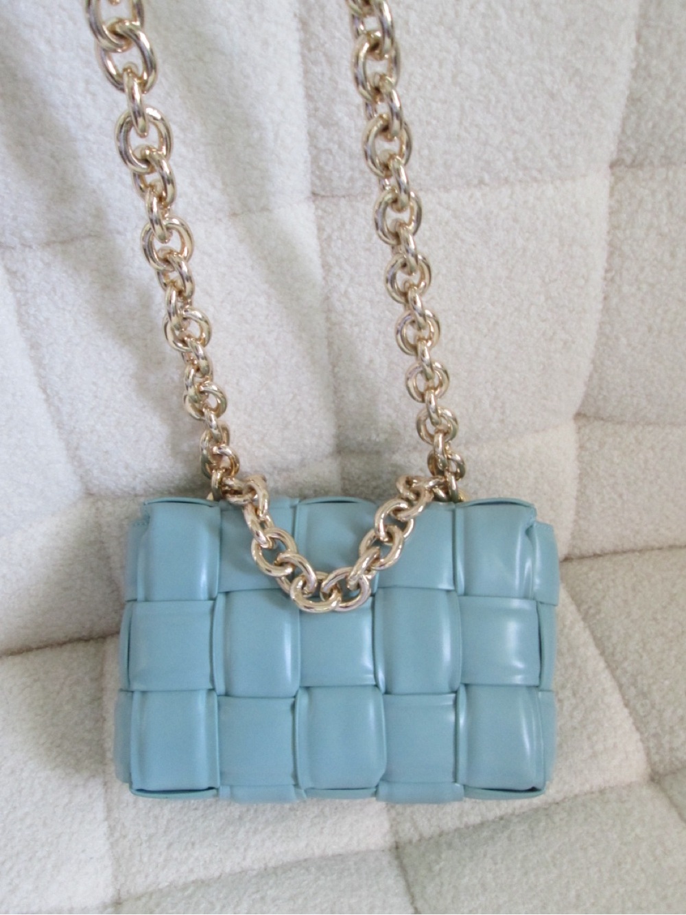 Blue Woven Leather Chain Shoulder Bag